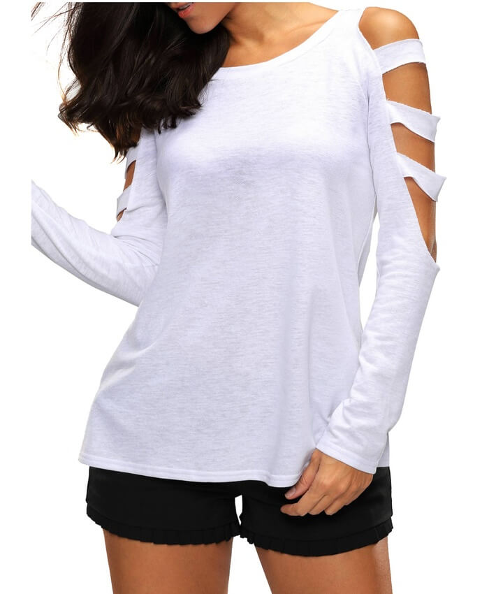 Round Neck Cutout Sleeve White T Shirt